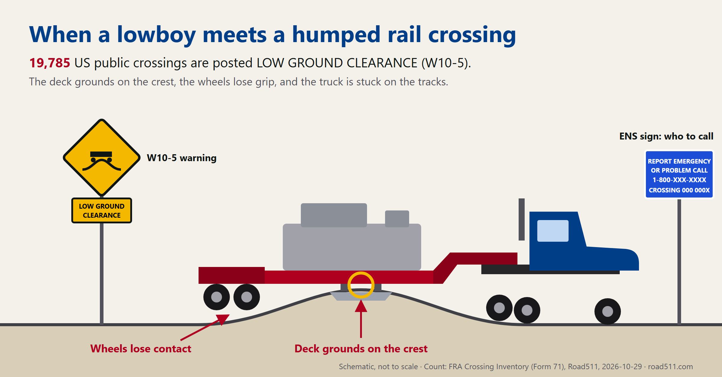 Schematic of a lowboy trailer grounded on a humped rail crossing, with the W10-5 Low Ground Clearance sign and the blue ENS sign